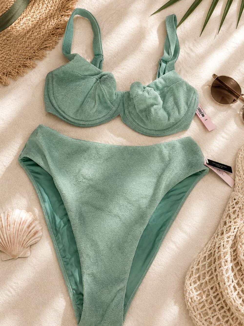 Victoria's Secret Mint Green Terry Cloth Bikini Set NWT 34DD Top & Large Bottom